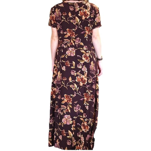 Vintage 90s‎ Purple Sz 12 Dark Floral Long Maxi Dress Shortsleeve Romantic - Picture 5 of 10